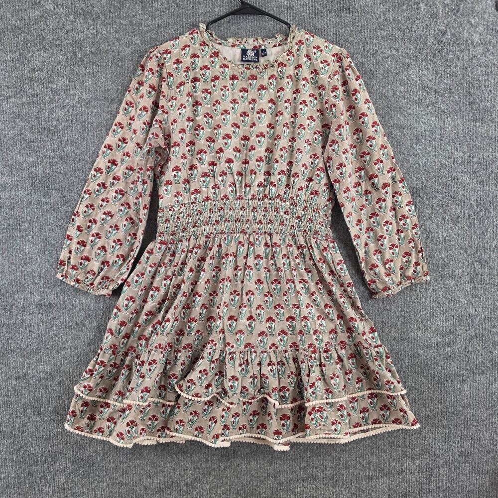 Madison Mathews Dress Large Floral Smocked Mini Ruffle Boho Prairie Cottagecore
